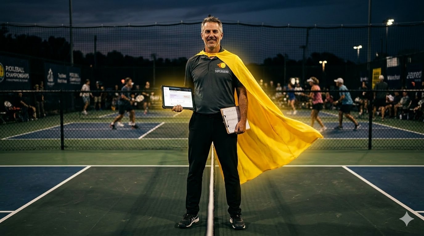Tournament director in a yellow superhero cape managing a pickleball event